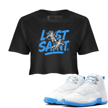 Lost Saint womens crop tee made to vibe with the Air Jordan 12 White and University Blue sneakers — the perfect match in Black 1.