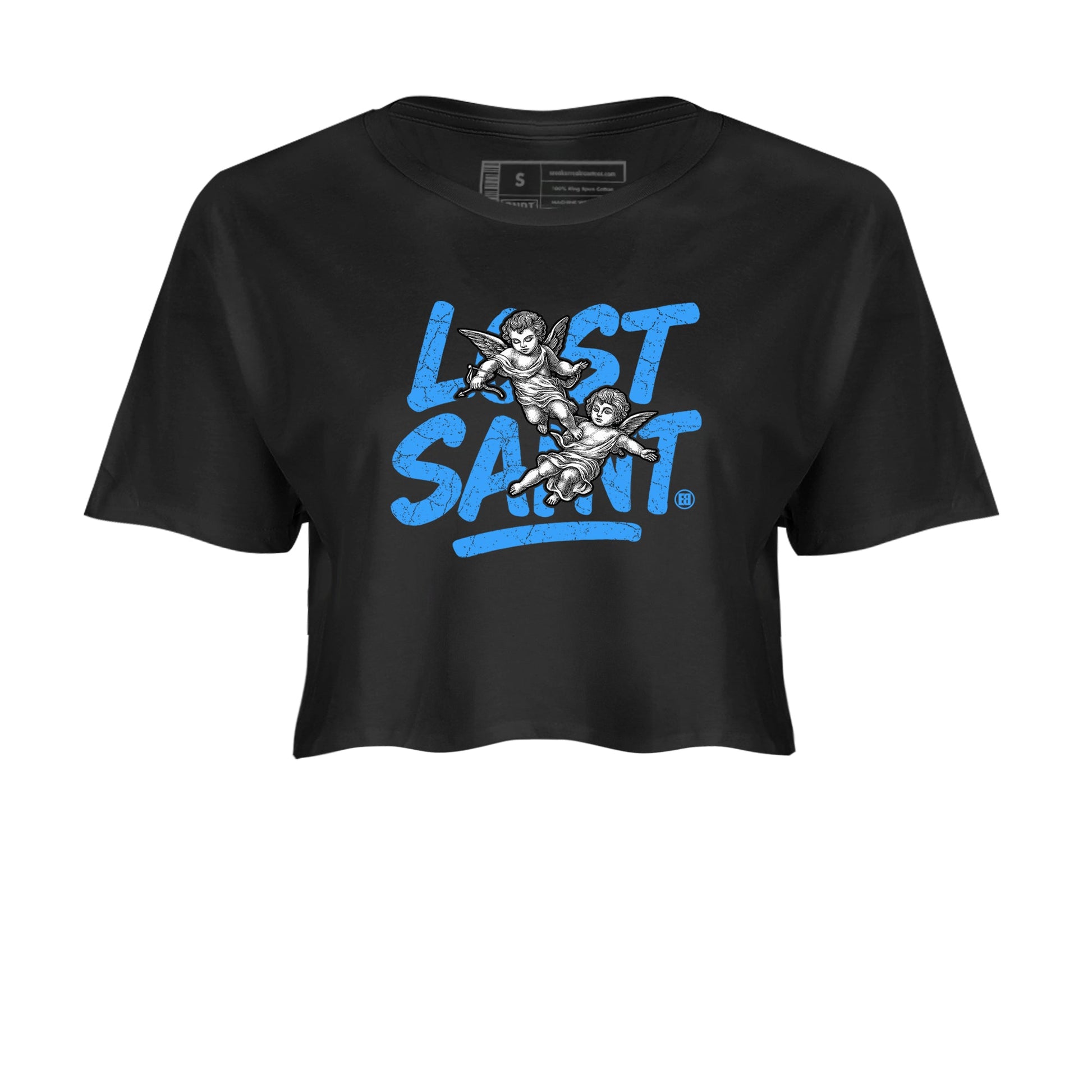 Lost Saint womens crop tee made to vibe with the Air Jordan 12 White and University Blue sneakers — the perfect match in Black 2.