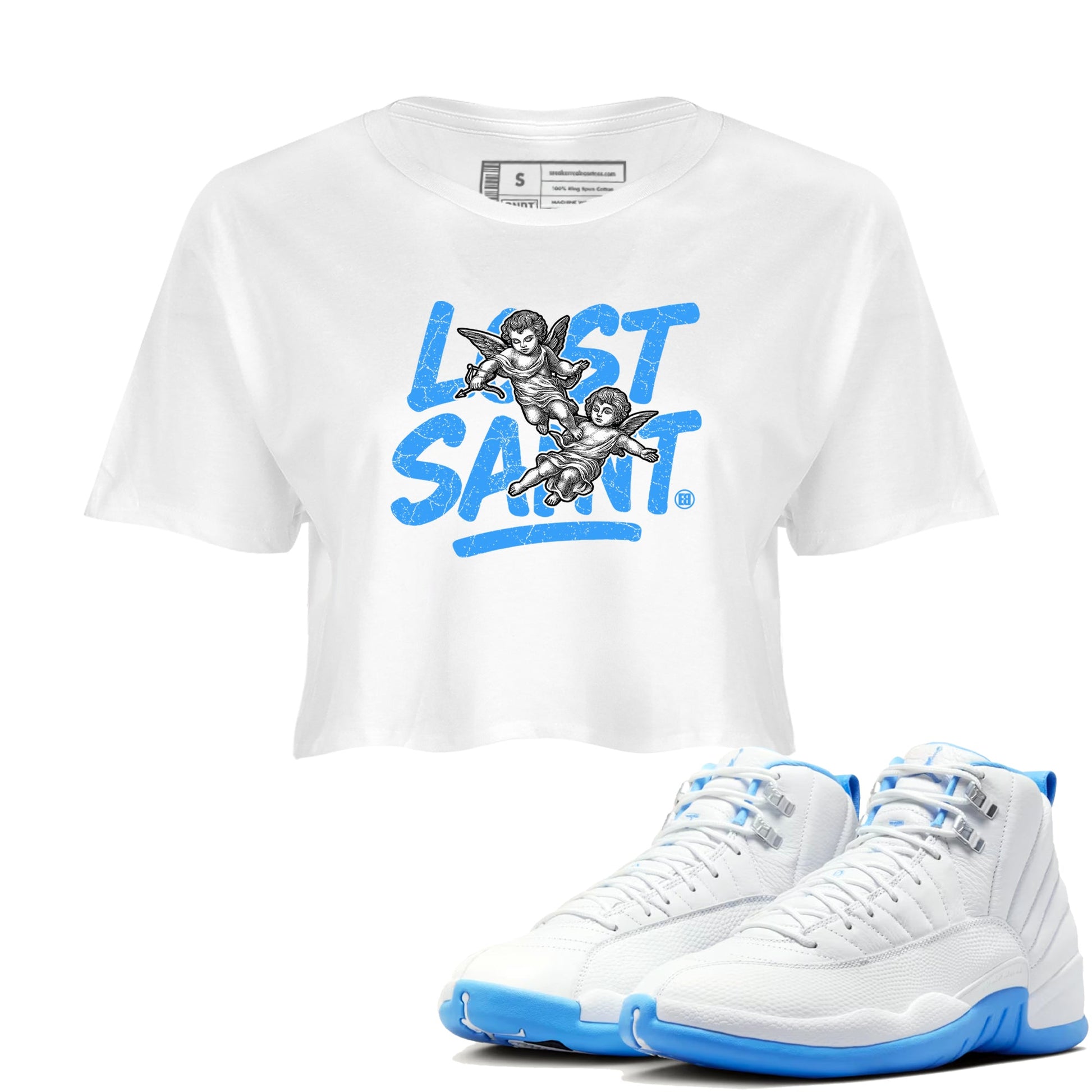Lost Saint womens crop tee made to vibe with the Air Jordan 12 White and University Blue sneakers — the perfect match in White 1.