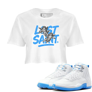 Lost Saint womens crop tee made to vibe with the Air Jordan 12 White and University Blue sneakers — the perfect match in White 1.