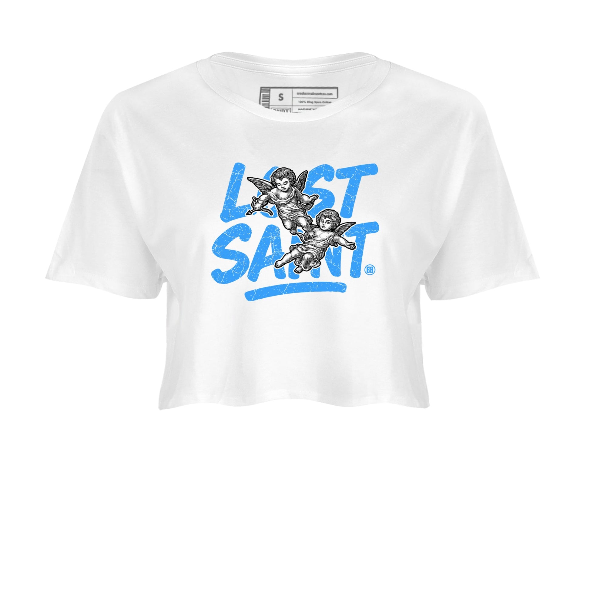 Lost Saint womens crop tee made to vibe with the Air Jordan 12 White and University Blue sneakers — the perfect match in White 2.