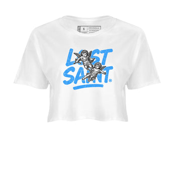 Lost Saint womens crop tee made to vibe with the Air Jordan 12 White and University Blue sneakers — the perfect match in White 2.