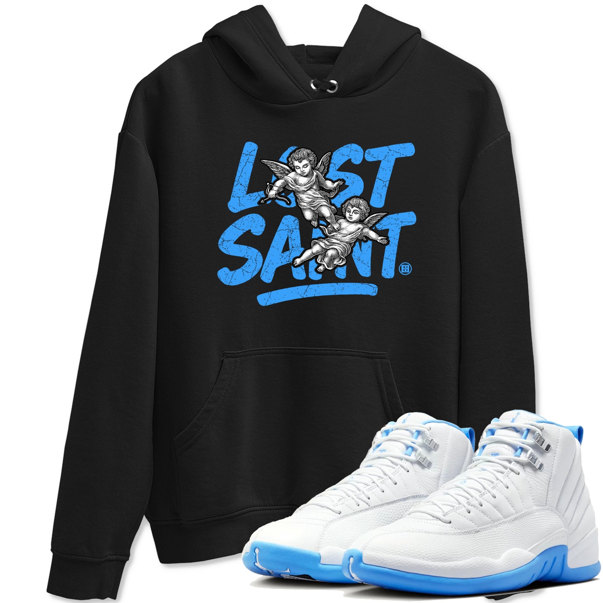 Lost Saint sneaker match t-shirt styled to complete your fit with the Air Jordan 12 White and University Blue sneakers, shown in Black 1.