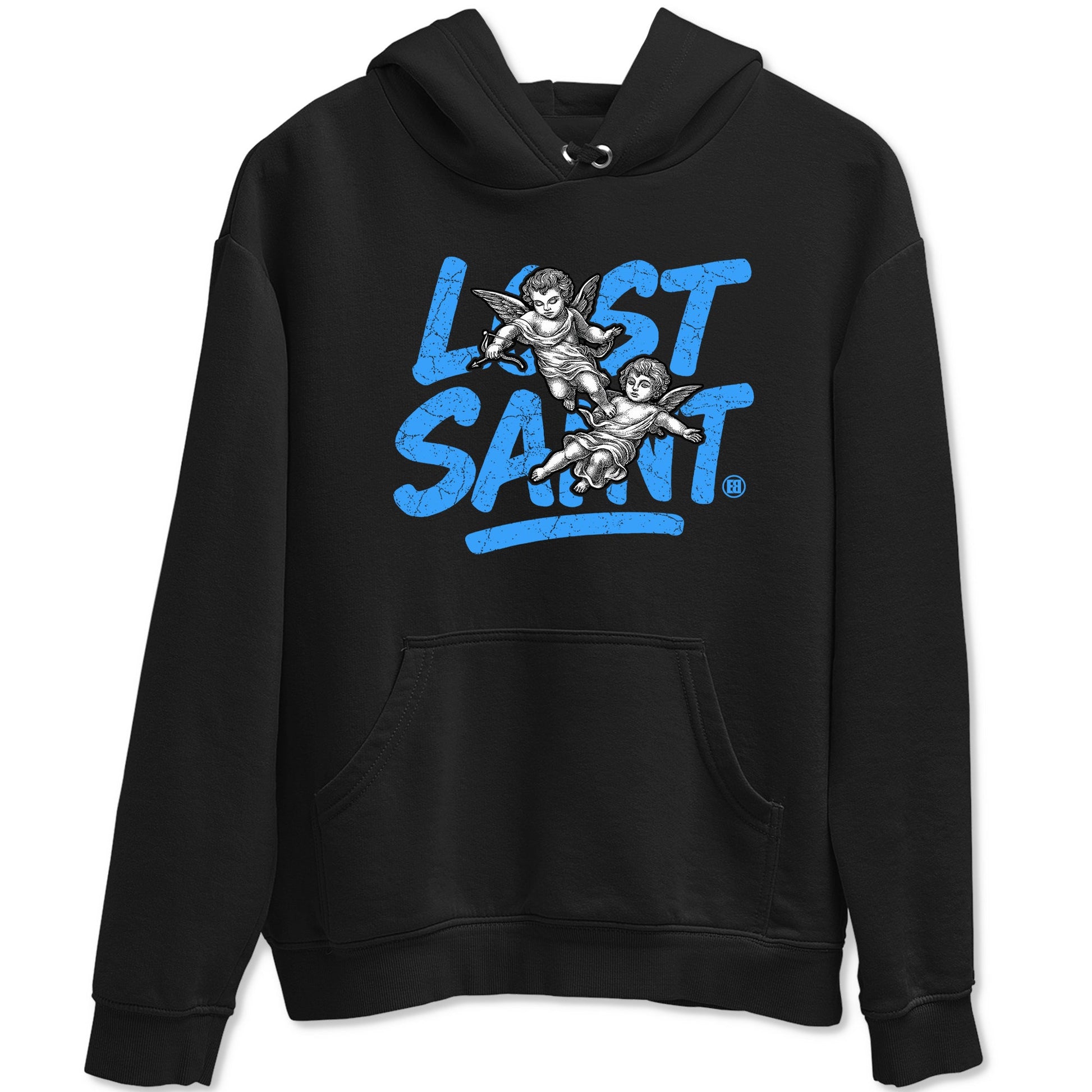 Lost Saint sneaker match t-shirt styled to complete your fit with the Air Jordan 12 White and University Blue sneakers, shown in Black 2.