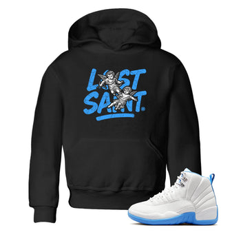 Lost Saint baby and kids t-shirt crafted for little sneakerheads to shine with the Air Jordan 12 White and University Blue sneakers, displayed in Black 1.