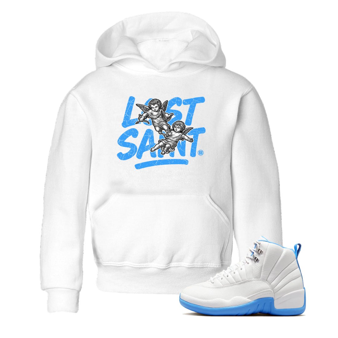 Lost Saint baby and kids t-shirt crafted for little sneakerheads to shine with the Air Jordan 12 White and University Blue sneakers, displayed in White 1.