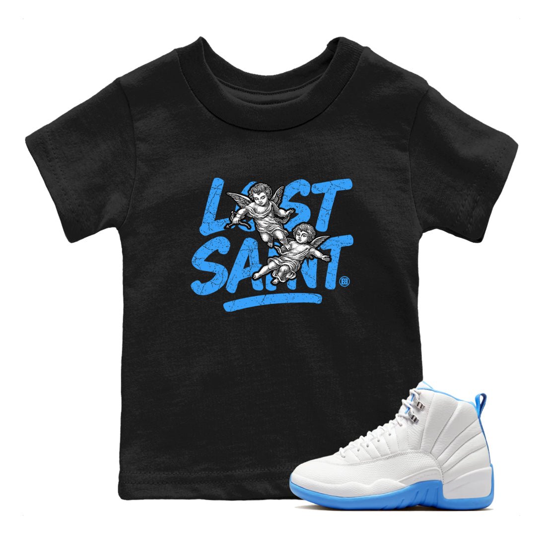 Lost Saint baby and kids t-shirt crafted for little sneakerheads to shine with the Air Jordan 12 White and University Blue sneakers, displayed in Black 1.