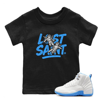 Lost Saint baby and kids t-shirt crafted for little sneakerheads to shine with the Air Jordan 12 White and University Blue sneakers, displayed in Black 1.