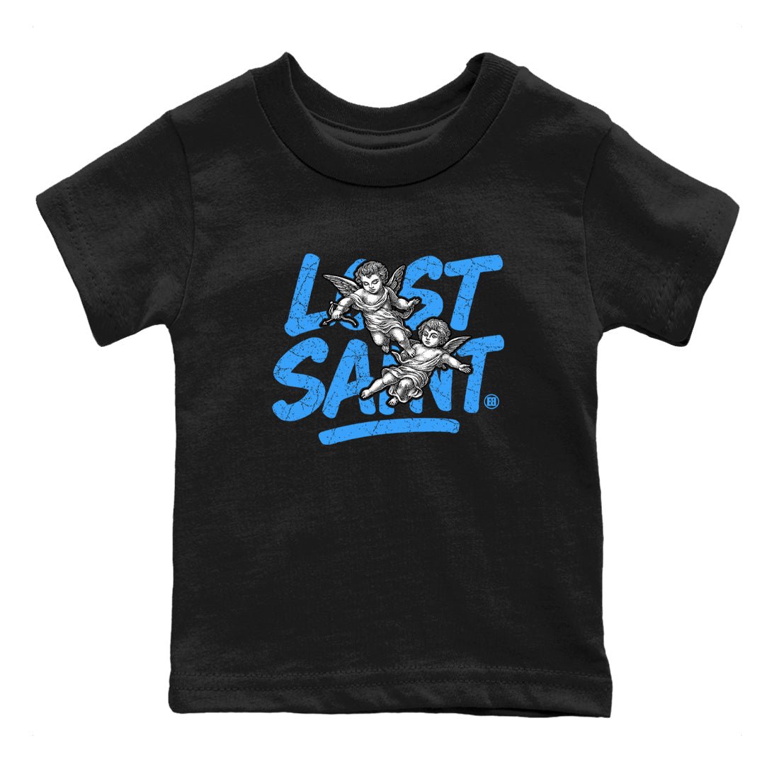 Lost Saint baby and kids t-shirt crafted for little sneakerheads to shine with the Air Jordan 12 White and University Blue sneakers, displayed in Black 2.