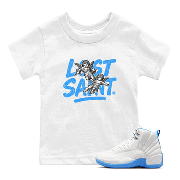 Lost Saint baby and kids t-shirt crafted for little sneakerheads to shine with the Air Jordan 12 White and University Blue sneakers, displayed in White 1.