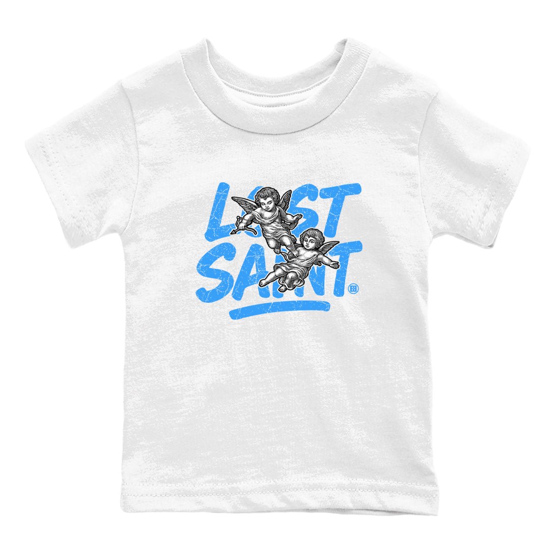 Lost Saint baby and kids t-shirt crafted for little sneakerheads to shine with the Air Jordan 12 White and University Blue sneakers, displayed in White 2.