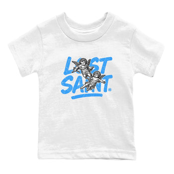 Lost Saint baby and kids t-shirt crafted for little sneakerheads to shine with the Air Jordan 12 White and University Blue sneakers, displayed in White 2.