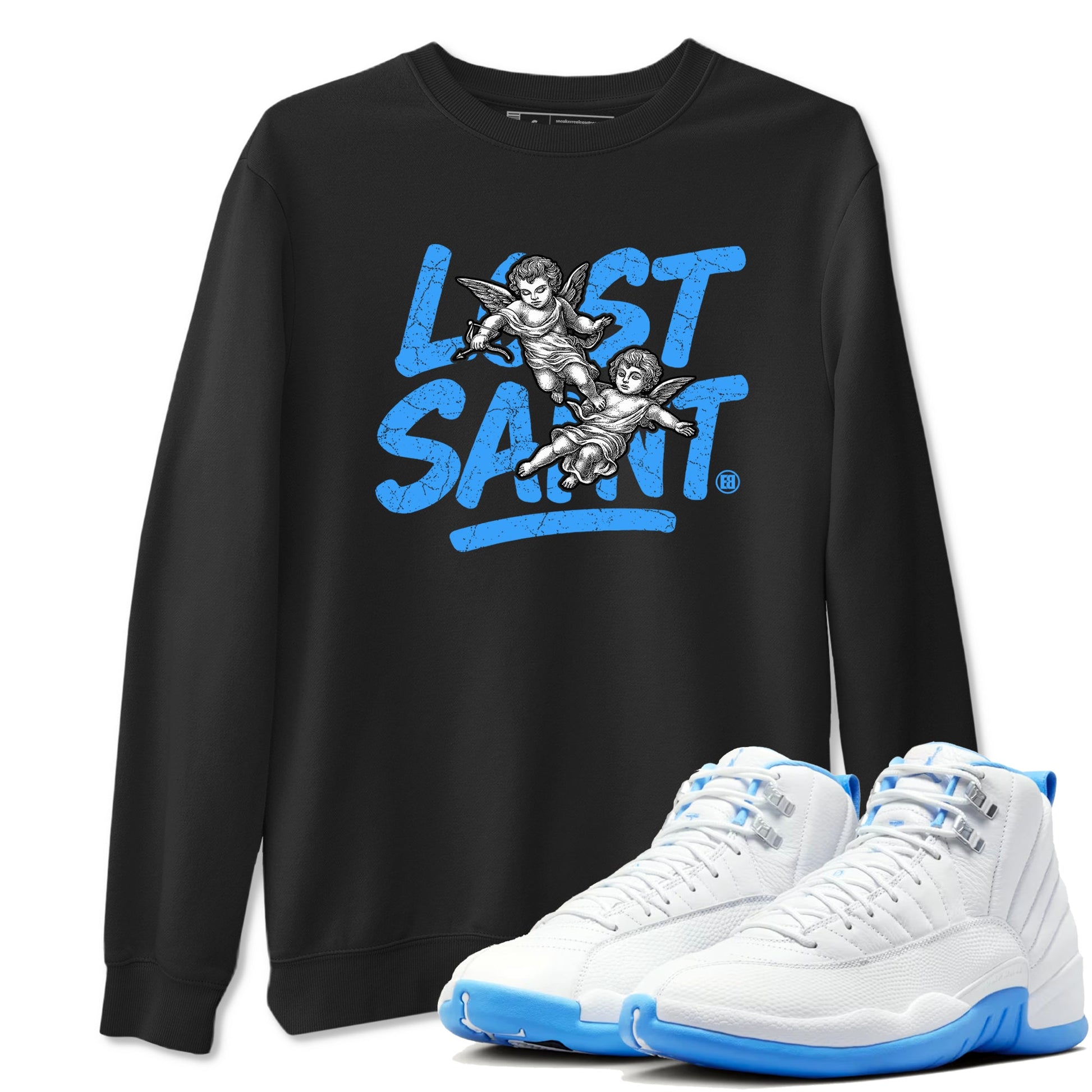 Lost Saint sneaker match t-shirt styled to complete your fit with the Air Jordan 12 White and University Blue sneakers, shown in Black 1.