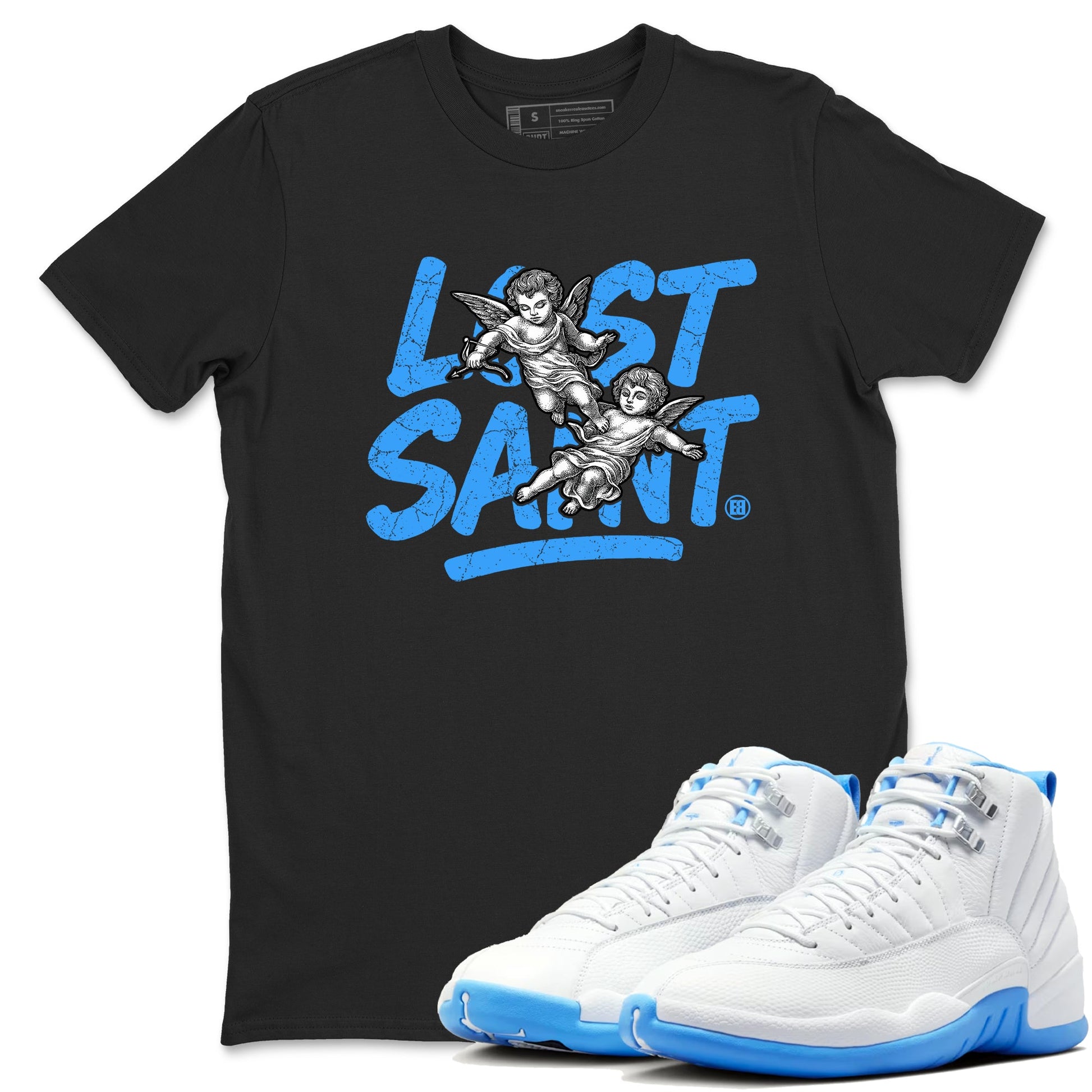 Lost Saint sneaker match t-shirt styled to complete your fit with the Air Jordan 12 White and University Blue sneakers, shown in Black 1.