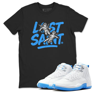 Lost Saint sneaker match t-shirt styled to complete your fit with the Air Jordan 12 White and University Blue sneakers, shown in Black 1.