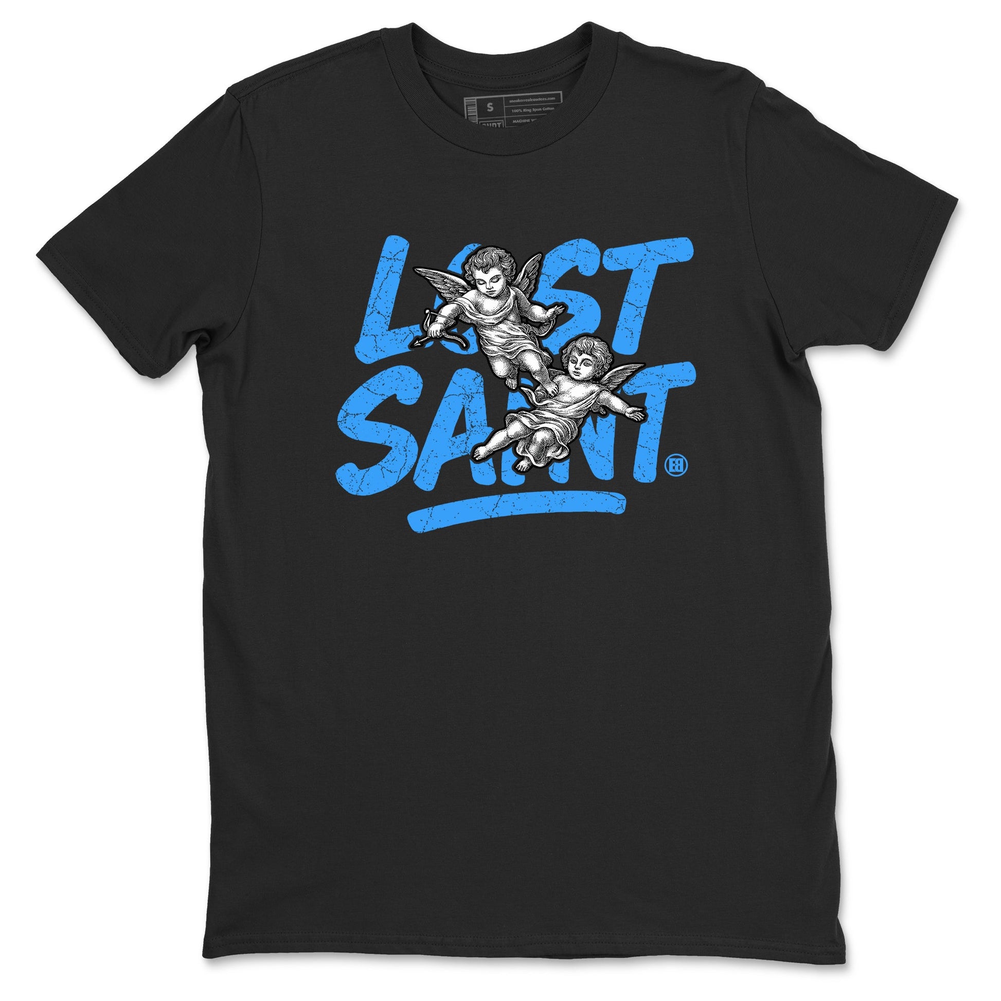 Lost Saint sneaker match t-shirt styled to complete your fit with the Air Jordan 12 White and University Blue sneakers, shown in Black 2.
