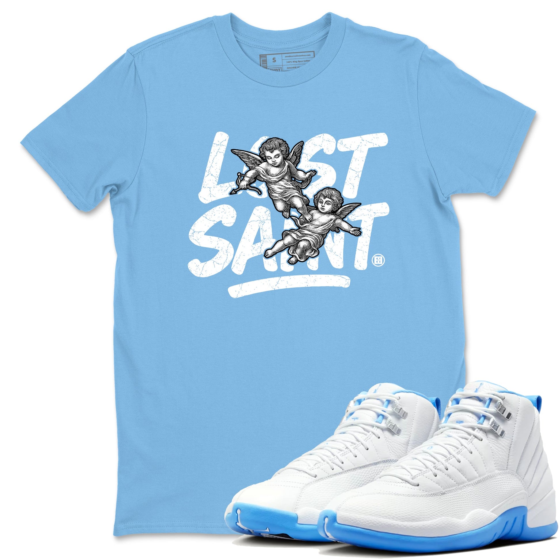 Lost Saint sneaker match t-shirt styled to complete your fit with the Air Jordan 12 White and University Blue sneakers, shown in Carolina Blue 1.