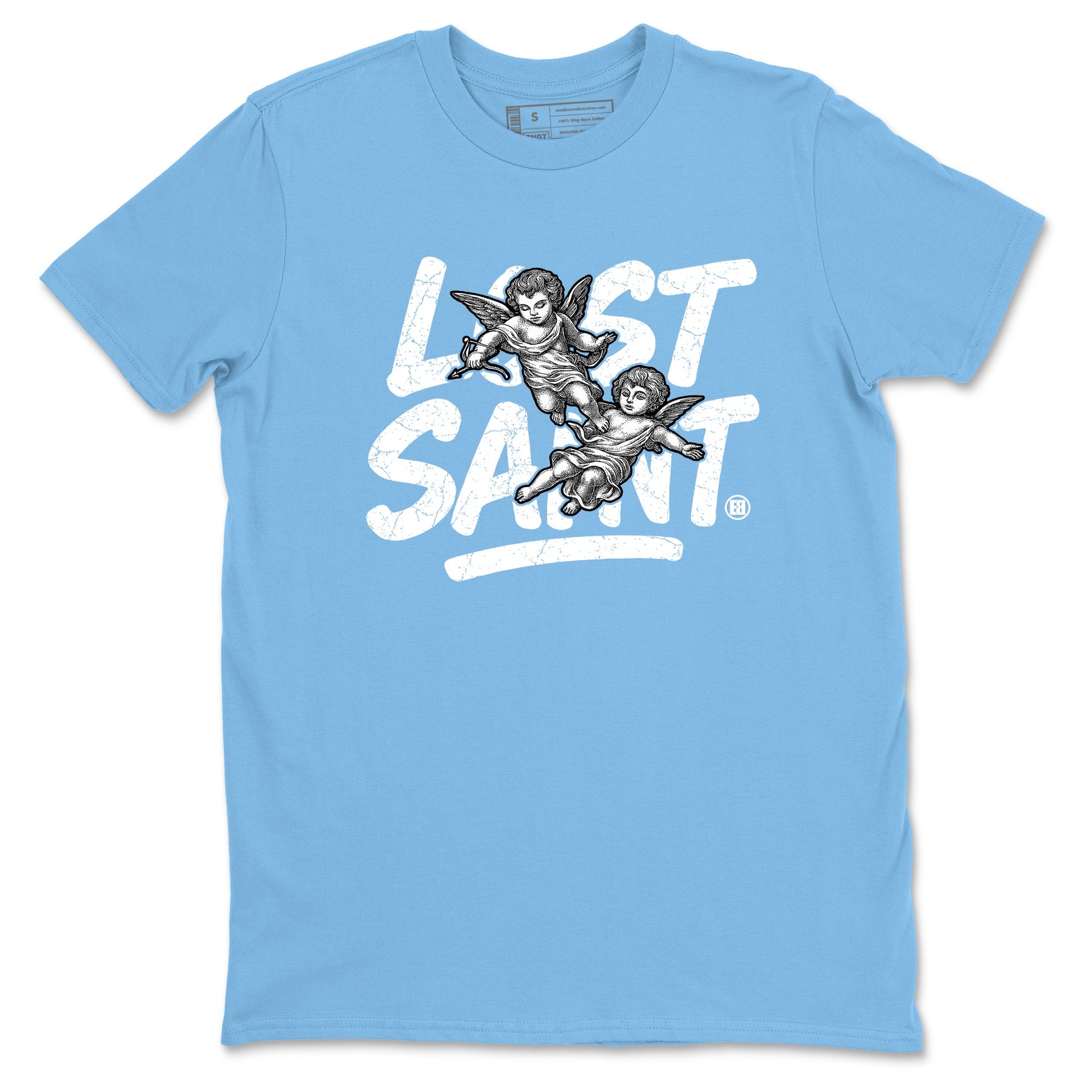 Lost Saint sneaker match t-shirt styled to complete your fit with the Air Jordan 12 White and University Blue sneakers, shown in Carolina Blue 2.