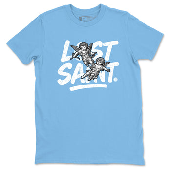 Lost Saint sneaker match t-shirt styled to complete your fit with the Air Jordan 12 White and University Blue sneakers, shown in Carolina Blue 2.