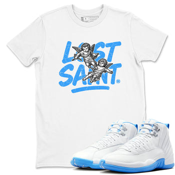 Lost Saint sneaker match t-shirt styled to complete your fit with the Air Jordan 12 White and University Blue sneakers, shown in White 1.