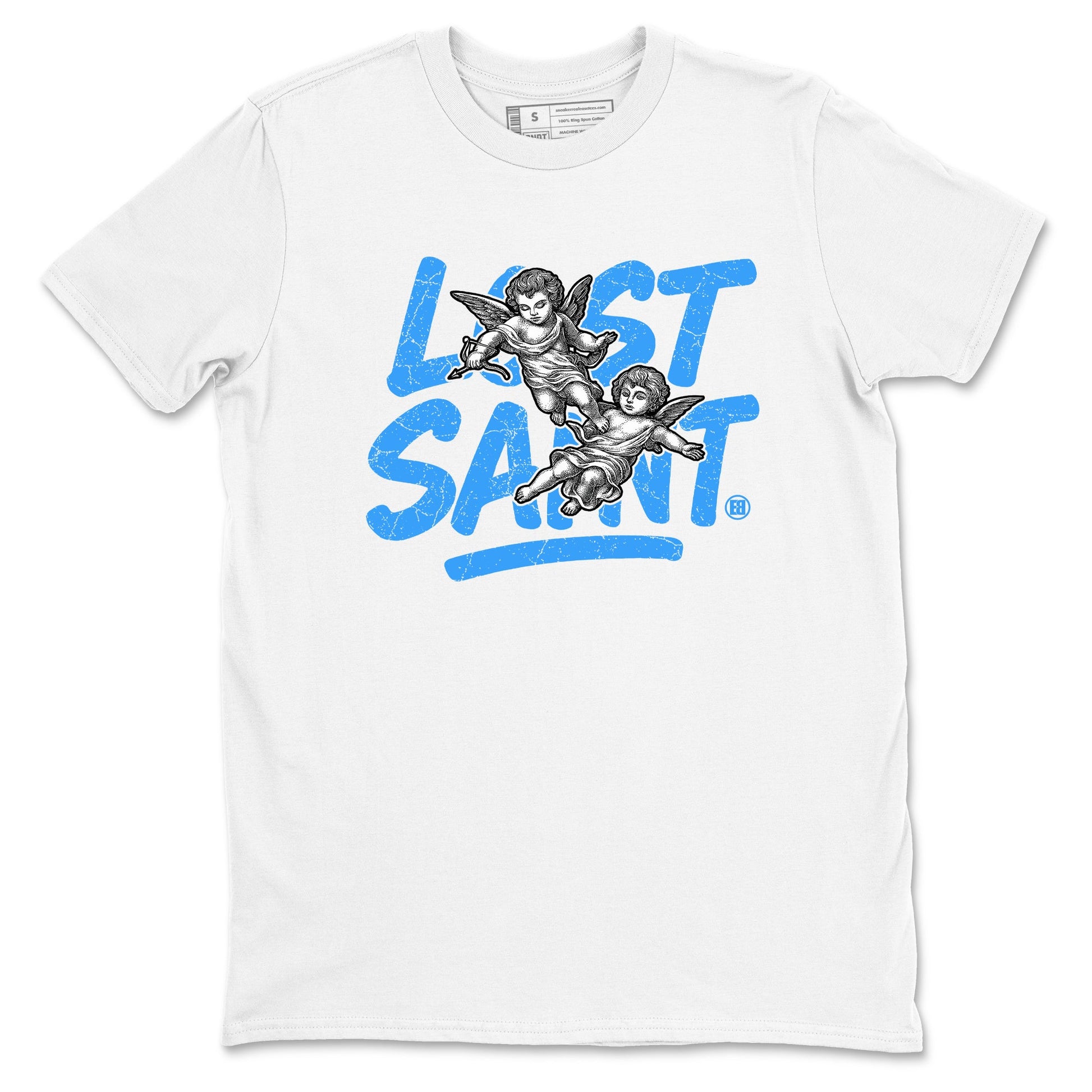 Lost Saint sneaker match t-shirt styled to complete your fit with the Air Jordan 12 White and University Blue sneakers, shown in White 2.