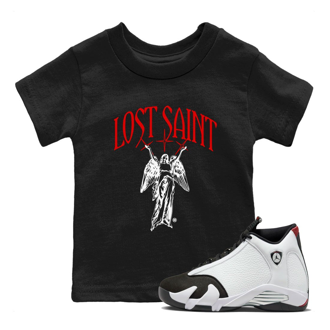 14s Black Toe shirts to match jordans Lost Saint graphic tees Air Jordan 14 Black Toe t shirts to match sneakers SNRT Sneaker Tees Youth Baby Black 1 tee