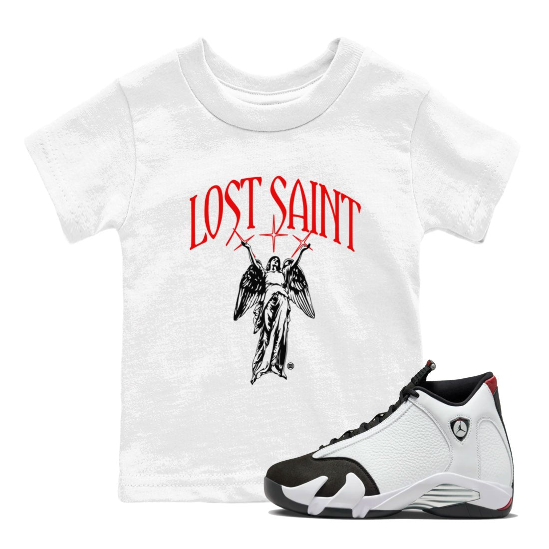 14s Black Toe shirts to match jordans Lost Saint graphic tees Air Jordan 14 Black Toe t shirts to match sneakers SNRT Sneaker Tees Youth Baby White 1 tee