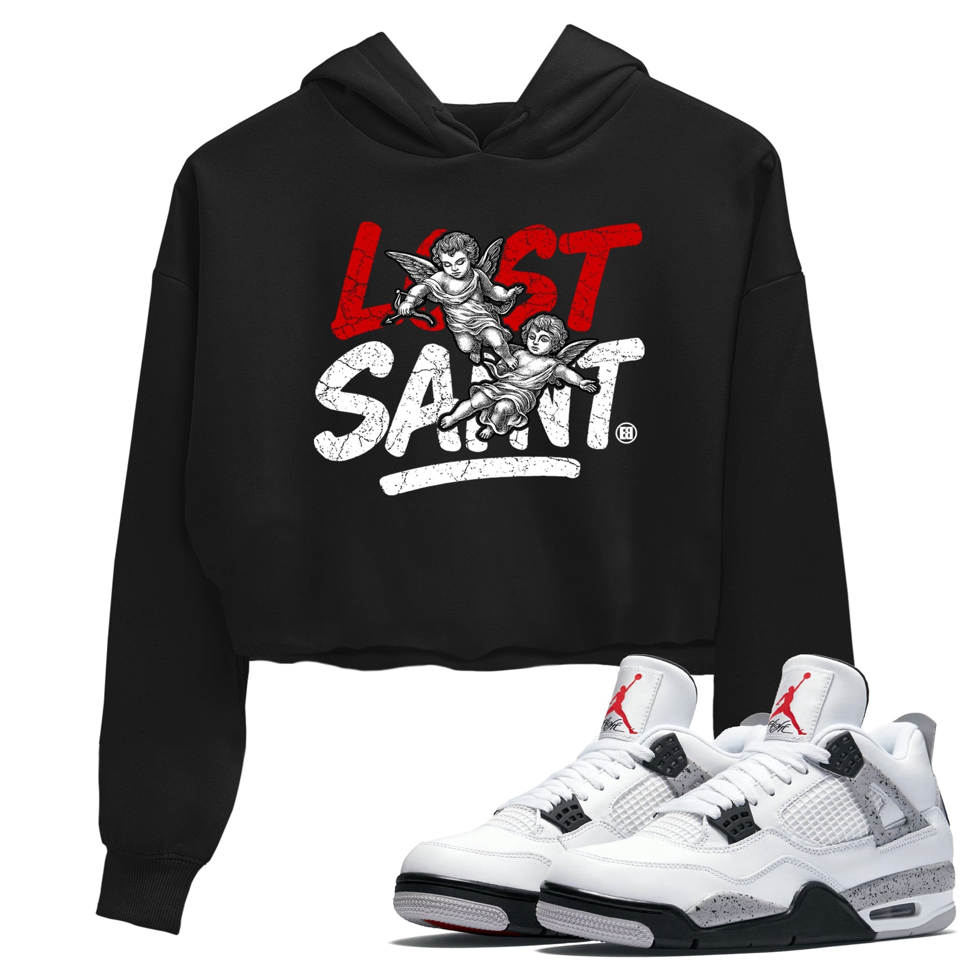 Lost Saint womens crop tee made to vibe with the Air Jordan 4 White Cement sneakers — the perfect match in Black 1.