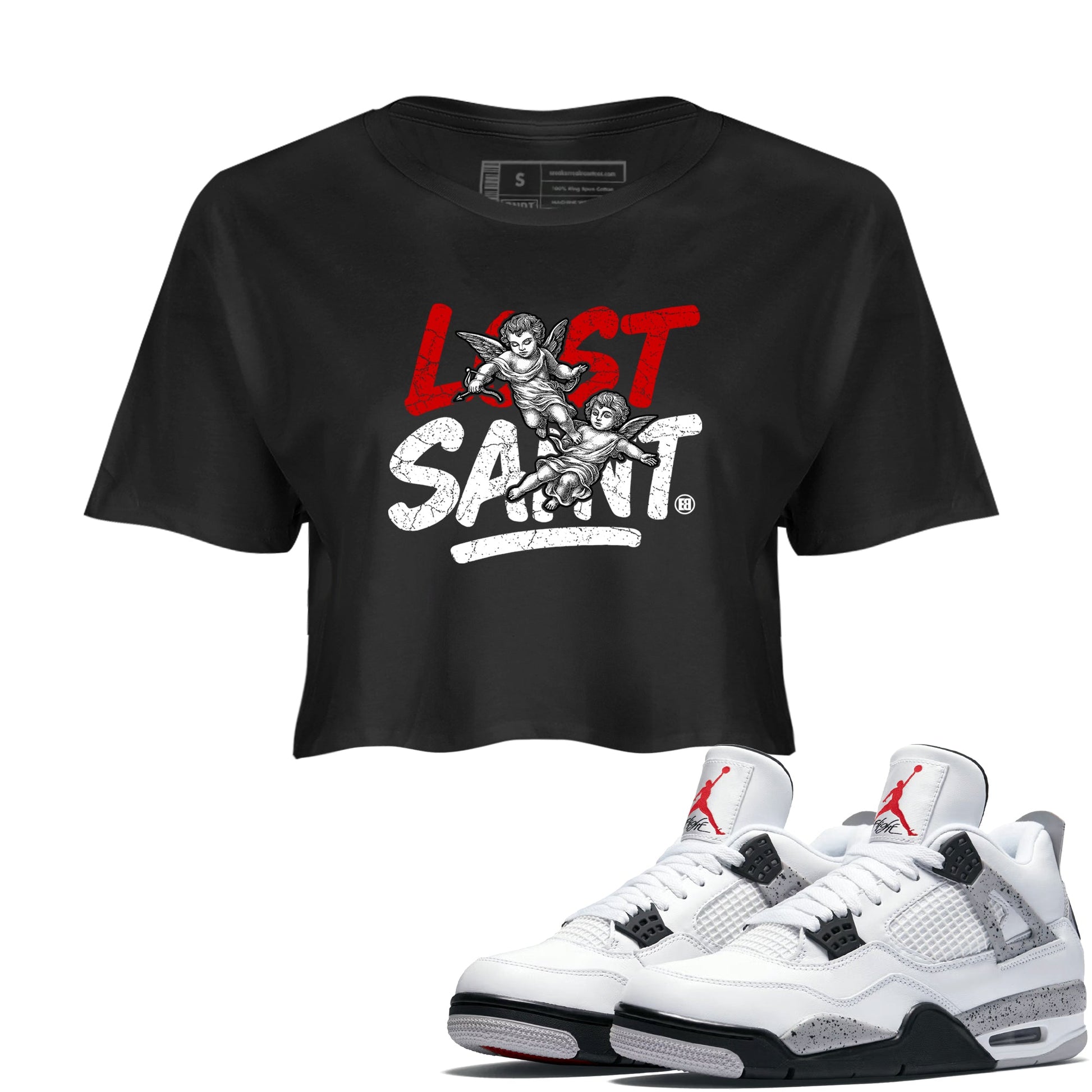 Lost Saint womens crop tee made to vibe with the Air Jordan 4 White Cement sneakers — the perfect match in Black 1.