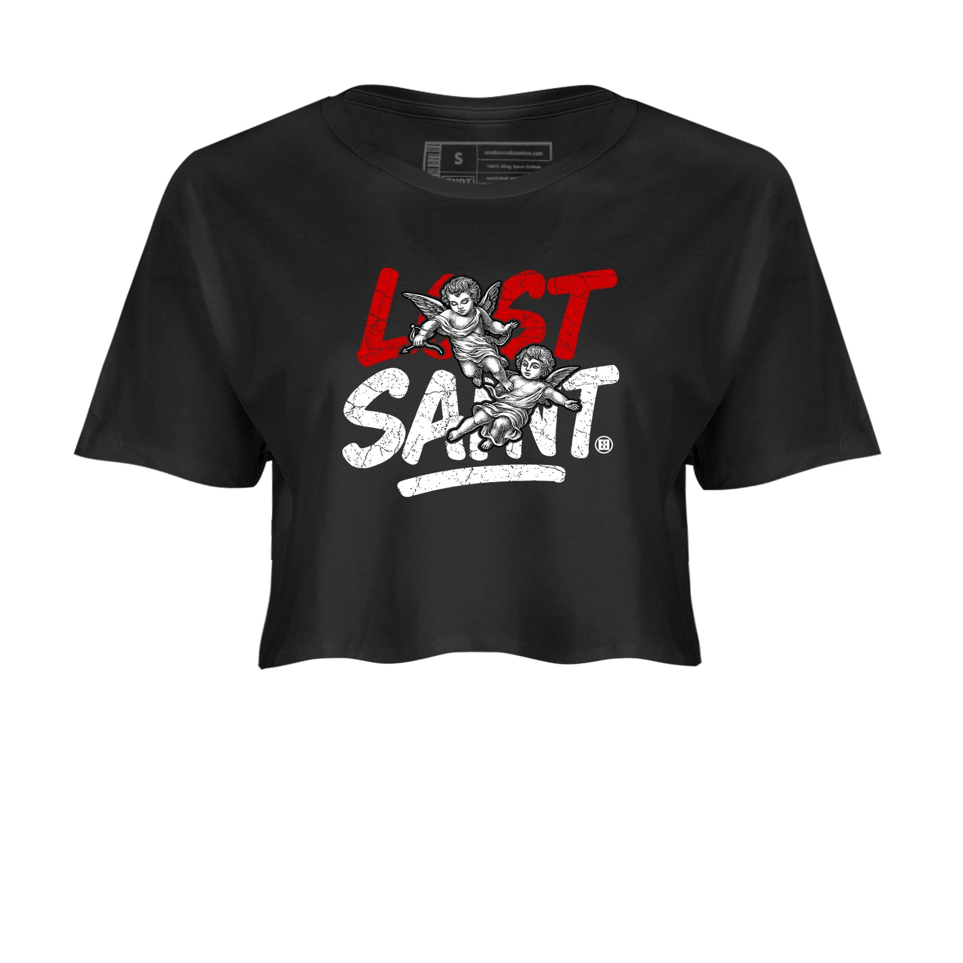 Lost Saint womens crop tee made to vibe with the Air Jordan 4 White Cement sneakers — the perfect match in Black 2.