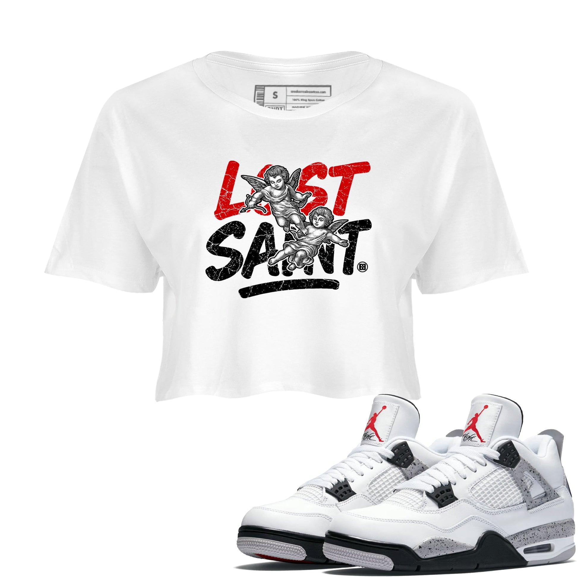 Lost Saint womens crop tee made to vibe with the Air Jordan 4 White Cement sneakers — the perfect match in White 1.