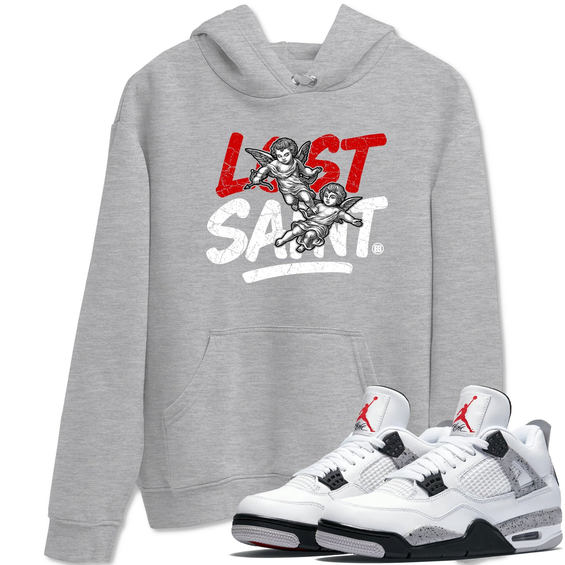 Lost Saint sneaker match t-shirt styled to complete your fit with the Air Jordan 4 White Cement sneakers, shown in Heather Grey 1.
