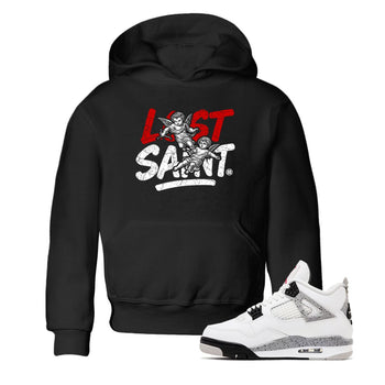 Lost Saint baby and kids t-shirt crafted for little sneakerheads to shine with the Air Jordan 4 White Cement sneakers, displayed in Black 1.