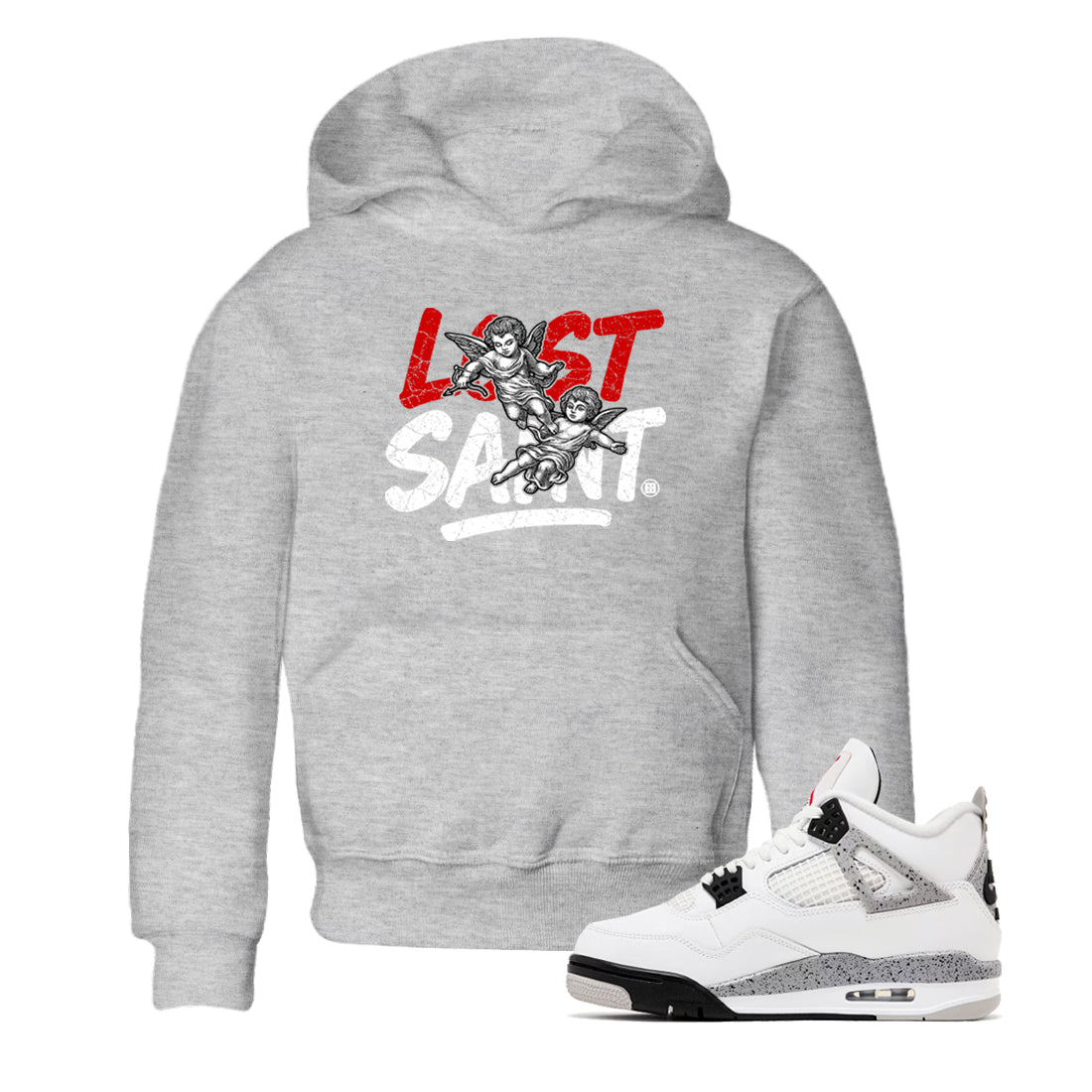 Lost Saint baby and kids t-shirt crafted for little sneakerheads to shine with the Air Jordan 4 White Cement sneakers, displayed in Heather Grey 1.