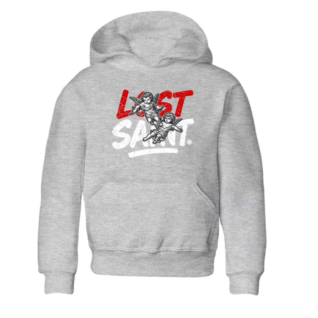 Lost Saint baby and kids t-shirt crafted for little sneakerheads to shine with the Air Jordan 4 White Cement sneakers, displayed in Heather Grey 2.