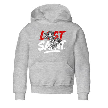 Lost Saint baby and kids t-shirt crafted for little sneakerheads to shine with the Air Jordan 4 White Cement sneakers, displayed in Heather Grey 2.