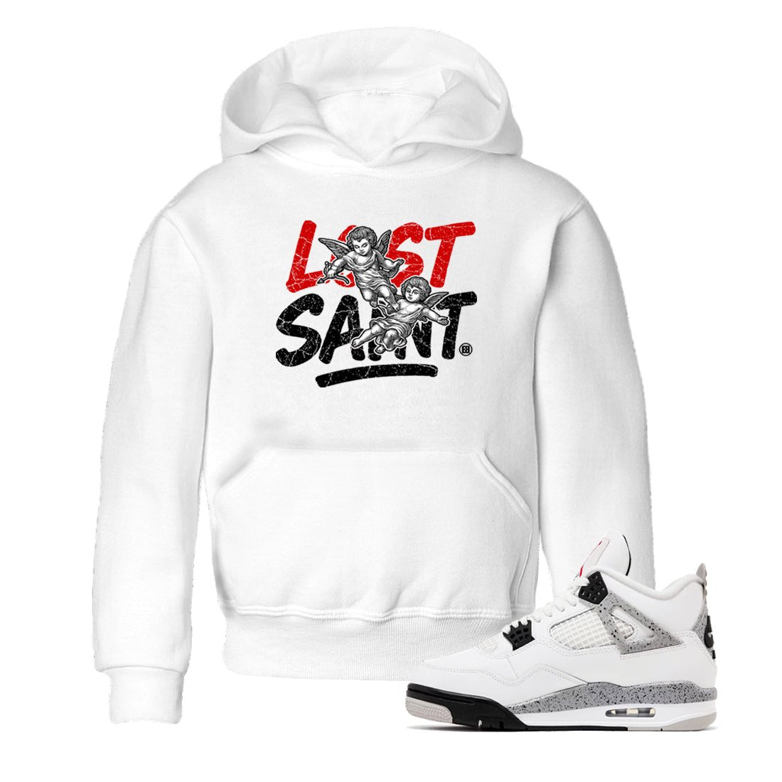 Lost Saint baby and kids t-shirt crafted for little sneakerheads to shine with the Air Jordan 4 White Cement sneakers, displayed in White 1.