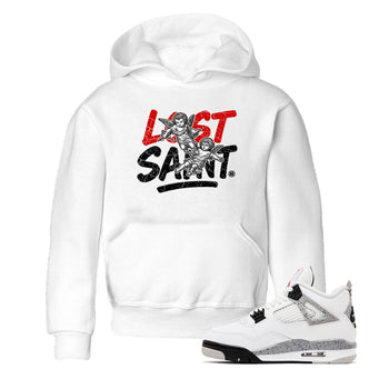 Lost Saint baby and kids t-shirt crafted for little sneakerheads to shine with the Air Jordan 4 White Cement sneakers, displayed in White 1.