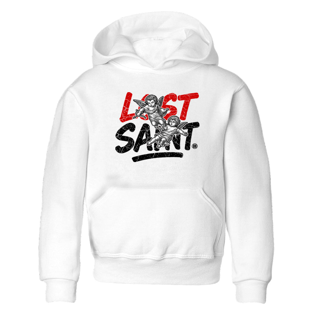 Lost Saint baby and kids t-shirt crafted for little sneakerheads to shine with the Air Jordan 4 White Cement sneakers, displayed in White 2.