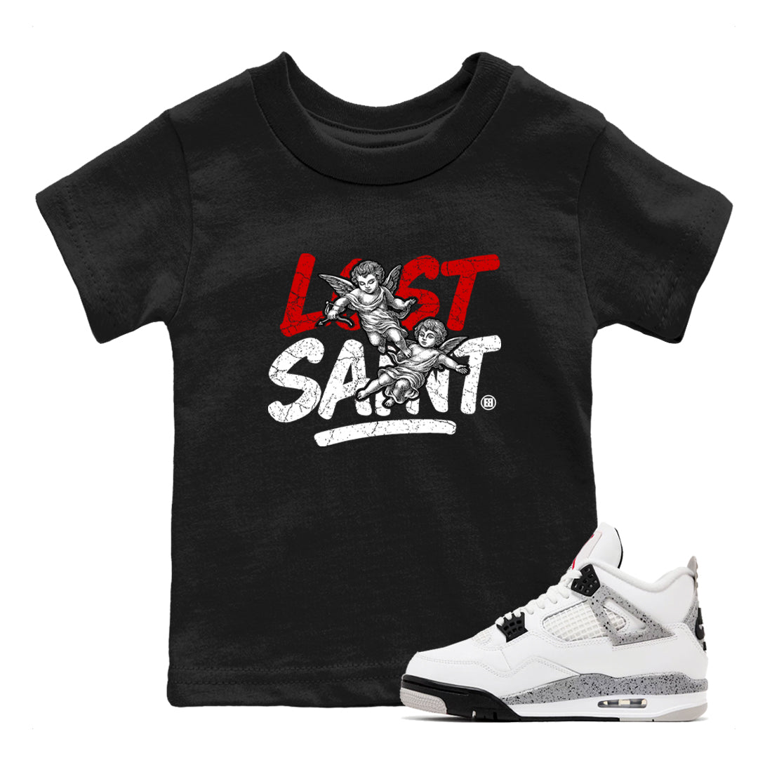 Lost Saint baby and kids t-shirt crafted for little sneakerheads to shine with the Air Jordan 4 White Cement sneakers, displayed in Black 1.