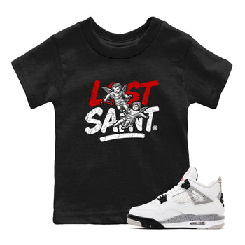 Lost Saint baby and kids t-shirt crafted for little sneakerheads to shine with the Air Jordan 4 White Cement sneakers, displayed in Black 1.