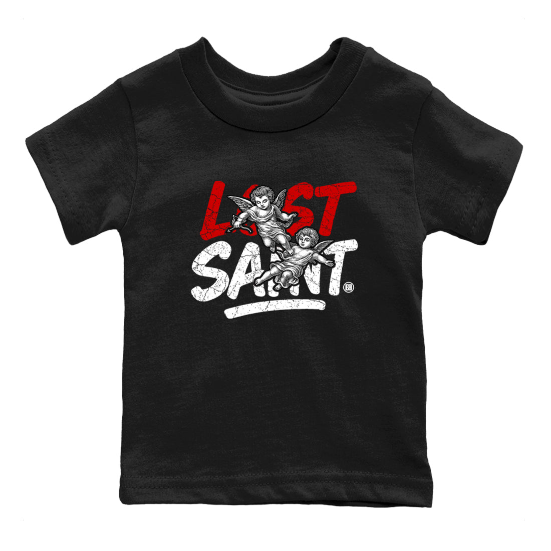 Lost Saint baby and kids t-shirt crafted for little sneakerheads to shine with the Air Jordan 4 White Cement sneakers, displayed in Black 2.