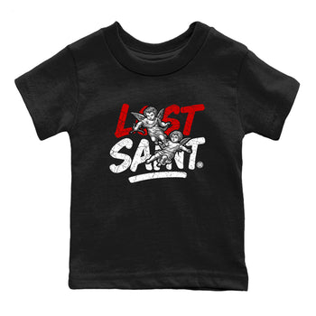 Lost Saint baby and kids t-shirt crafted for little sneakerheads to shine with the Air Jordan 4 White Cement sneakers, displayed in Black 2.