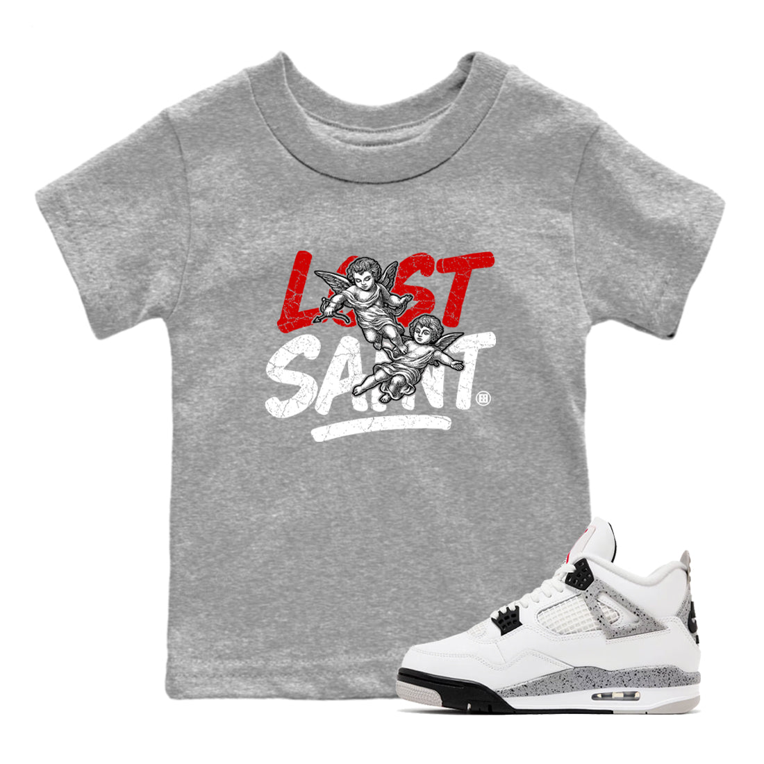 Lost Saint baby and kids t-shirt crafted for little sneakerheads to shine with the Air Jordan 4 White Cement sneakers, displayed in Heather Grey 1.