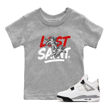 Lost Saint baby and kids t-shirt crafted for little sneakerheads to shine with the Air Jordan 4 White Cement sneakers, displayed in Heather Grey 1.