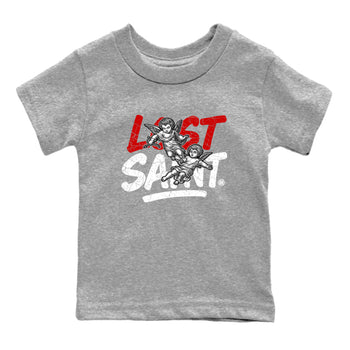 Lost Saint baby and kids t-shirt crafted for little sneakerheads to shine with the Air Jordan 4 White Cement sneakers, displayed in Heather Grey 2.