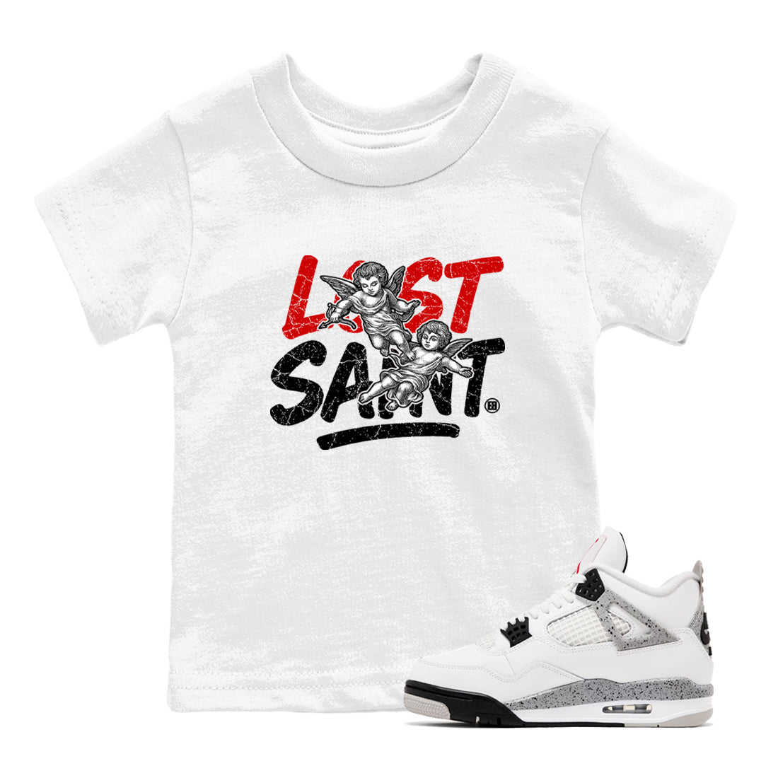 Lost Saint baby and kids t-shirt crafted for little sneakerheads to shine with the Air Jordan 4 White Cement sneakers, displayed in White 1.
