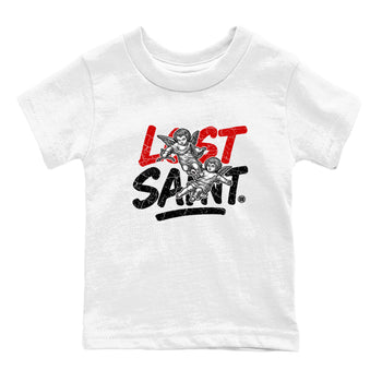 Lost Saint baby and kids t-shirt crafted for little sneakerheads to shine with the Air Jordan 4 White Cement sneakers, displayed in White 2.