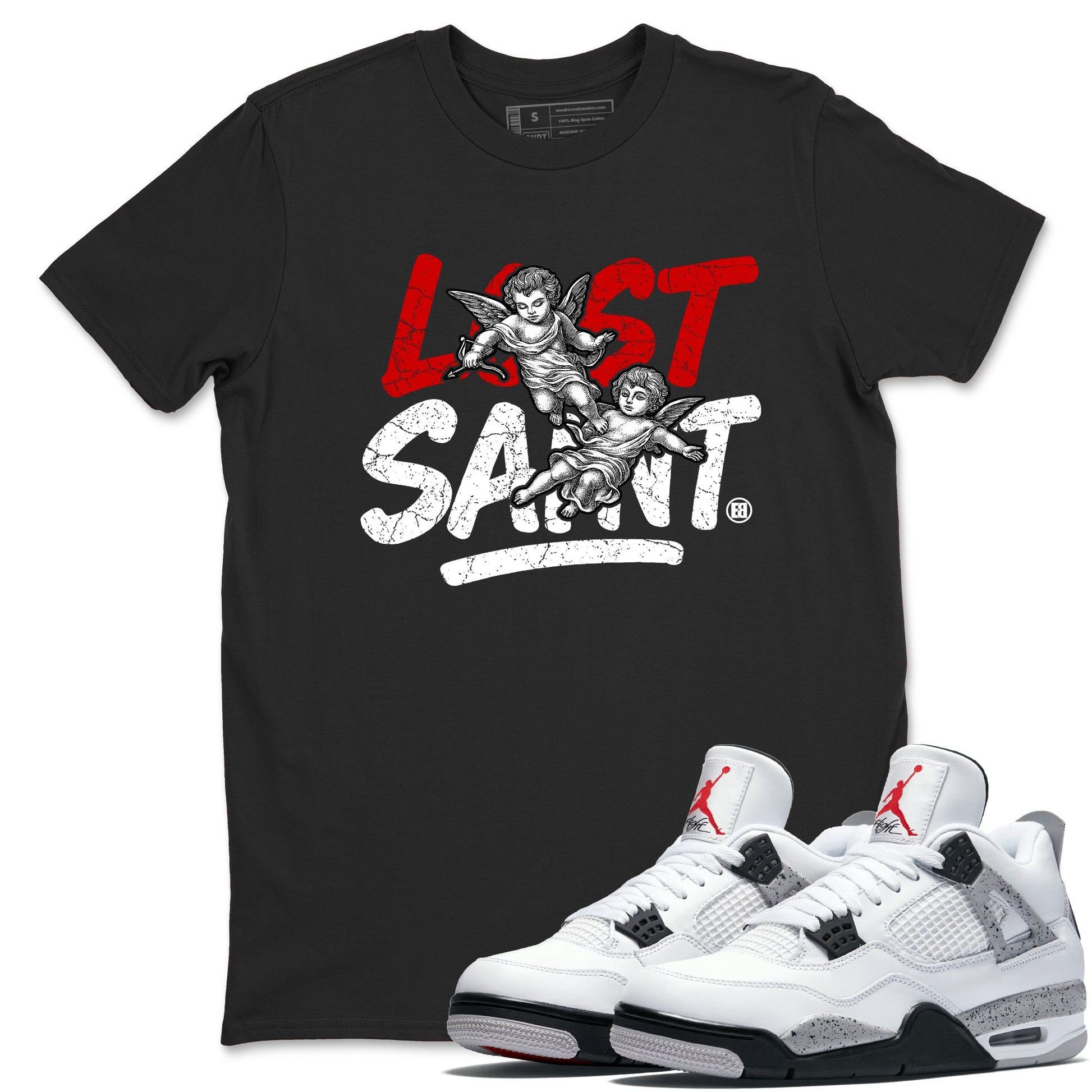 Lost Saint sneaker match t-shirt styled to complete your fit with the Air Jordan 4 White Cement sneakers, shown in Black 1.