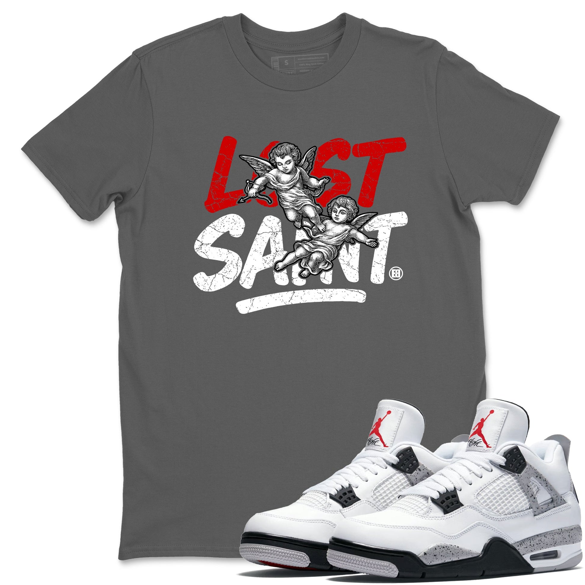Lost Saint sneaker match t-shirt styled to complete your fit with the Air Jordan 4 White Cement sneakers, shown in Cool Grey 1.